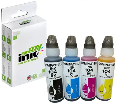 Kompatibel zu 4 Tintenflaschen für Epson 104 C13T00P640 KITBK+ C+M+Y Inhalt 4*65 ml (My Green Toner) 