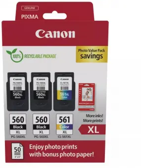 Original Canon PG-560XL+CL-561XL Schwarz / Color / Weiss Multipack ca. 700 Seiten (+ 10x15 cm Fotopapier 50 Blatt) 