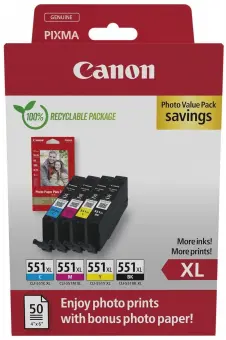 Canon CLI-551XL Multipack 4 Druckerpatronen Schwarz / Cyan / Magenta / Gelb + 10x15 cm Fotopapier 50 Blatt 
