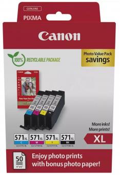 Original Canon CLI-571XL Schwarz / Cyan / Magenta / Yellow Multipack (+ 10x15 cm Fotopapier 50 Blatt) 
