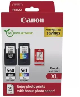 Canon PG-560XL + CL-561XL 8714574679402 2 Druckerpatronen Multipack Schwarz Color  + 10x15 cm Fotopapier 50 Blatt 