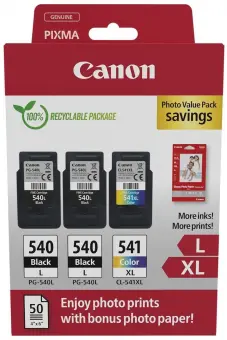 Original Canon PG-540L+CL-541XL Schwarz / Color / Weiss Multipack (+ 10x15 cm Fotopapier 50 Blatt) 