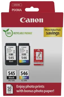Canon PG-545 + CL-546 8287B008 2 Druckerpatronen Multipack Schwarz Color ca.360 Seiten, + Fotopapier 50 Blatt 10x 15 cm 