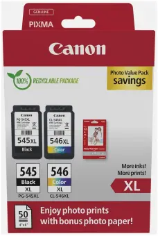 Canon PG-545XL + CL-546XL Schwarz / Color Multipack + 10x15 cm Fotopapier 50 Blatt 
