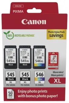 Canon PG-545XL + CL-546XL 3 Druckerpatronen Multipack 2 x Schwarz Color + Weiss + 10x15 cm Fotopapier 50 Blatt 