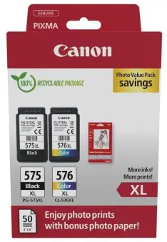 Canon PG-575XL + CL-576XL 2 Druckerpatronen Multipack Schwarz Color + 10x15 cm Fotopapier 50 Blatt Weiss 