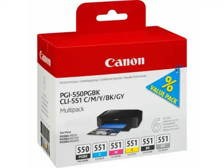 Original Canon PGI-550 + CLI-551 Multipack Schwarz / Cyan / Magenta / Yellow / Grau 6 Tintenpatronen: 1x PGI-550 + je 1 Stck. CLI-551 BK+C+M+Y+GY 6496B005 