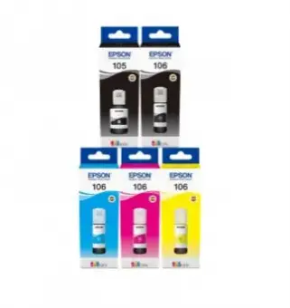 Original Epson 105/106 Multipack Tintenflaschen Schwarz / Schwarz (Foto) / Cyan / Magenta / Yellow (T00Q/R MCVP) 