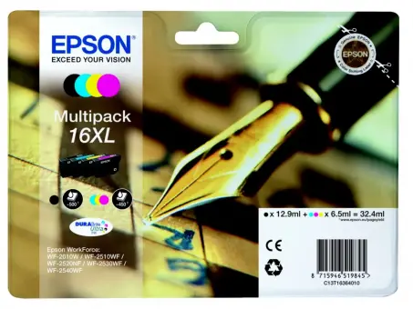 Original Epson 16XL Multipack T1636 Schwarz,Cyan,Magenta,Yellow 4 Tintenpatronen XL: T1631 + T1632 + T1633 + T1634 C13T16364012 