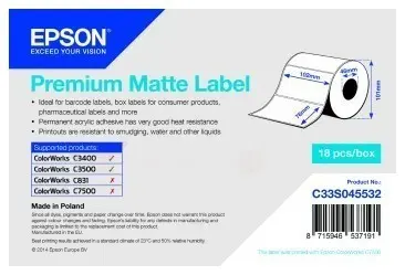 Original Epson S045532 Etiketten C33S045532 Weiß Premium Matte Label - Die-cut Roll: 102mm x 76mm, 440 labels 
