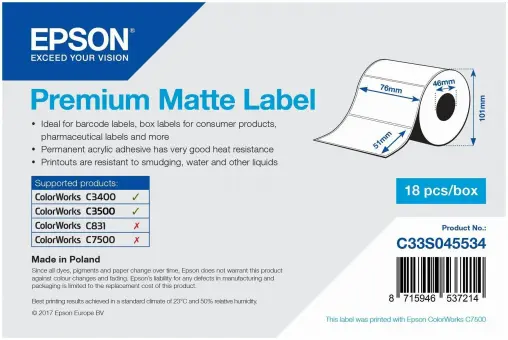 Original Epson S045534 Etiketten C33S045534 Weiß Premium Matte Label - Die-cut Roll: 76mm x 51mm, 650 labels 