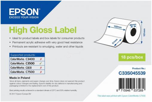 Original Epson S045539 Etiketten C33S045539 High Gloss Label - Die-cut Roll: 102mm x 51mm, 610 labels 