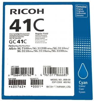 Original Ricoh GC41CHC Gel Tintenpatrone Cyan 405762 ca. 2.200 Seiten 