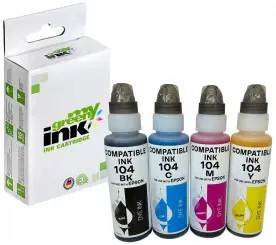 Kompatibel zu 4 Tintenflaschen für Epson 104 C13T00P640 KITBK+ C+M+Y Inhalt 4*65 ml (My Green Toner) 
