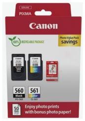 Original Canon PG-560+CL-561 Schwarz / Color / Weiss Multipack (+ 10x15 cm Fotopapier 50 Blatt) 