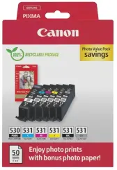 Canon PGI-530 + CLI-531 6 Druckerpatronen Multipack Schwarz, Cyan, Grau, Magenta, Foto schwarz, Gelb + 10x15 cm Fotopapier 50 Blatt 